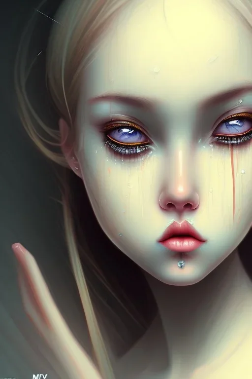 Crying girl, sad, expressive, emotive, frowning, furrowed eyebrows, pouting lips, soft pastels