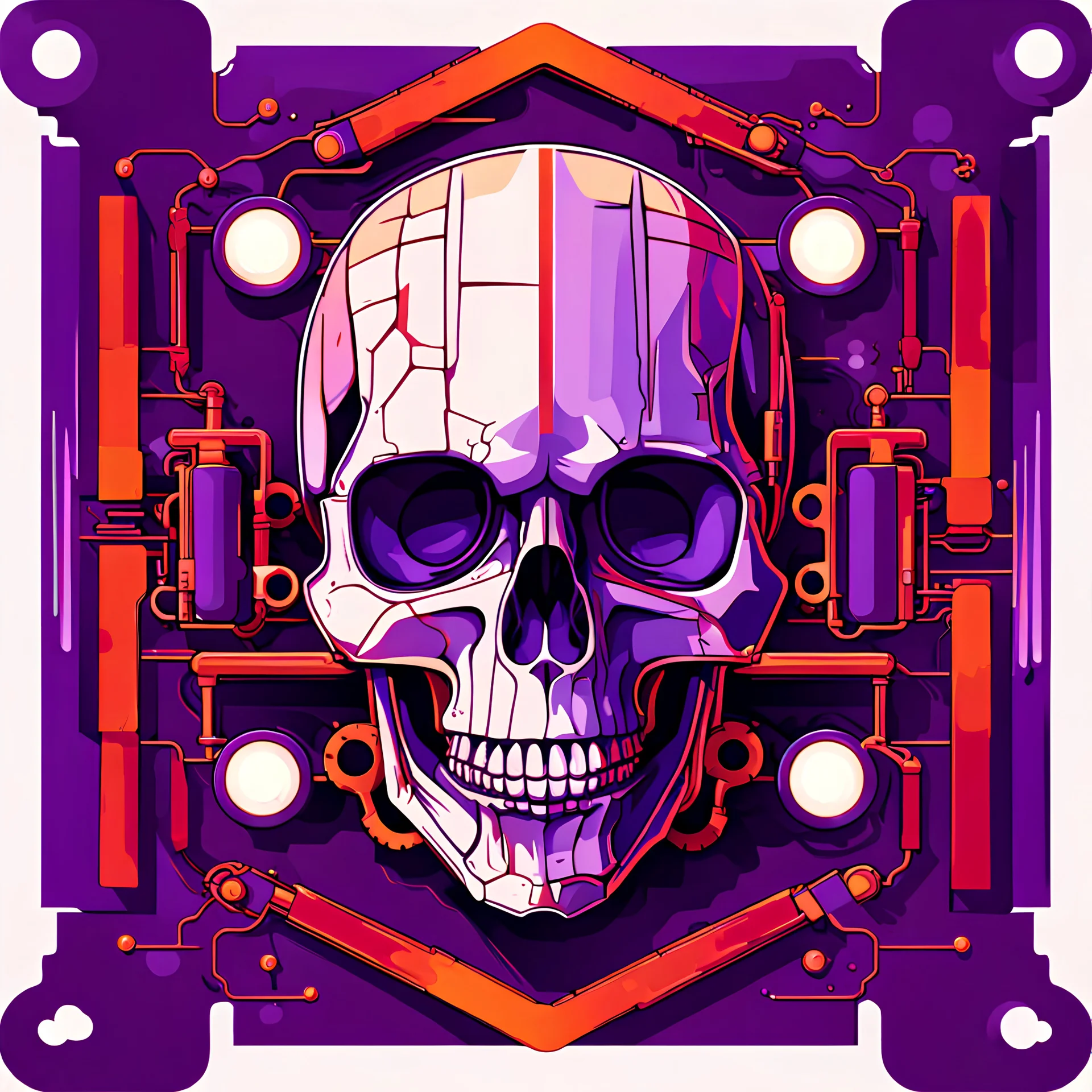 A flat vector icon of a mechanical human skull, layered, bilateral symmetry, inframe, one subject, purple orange and red dynamic lighting,