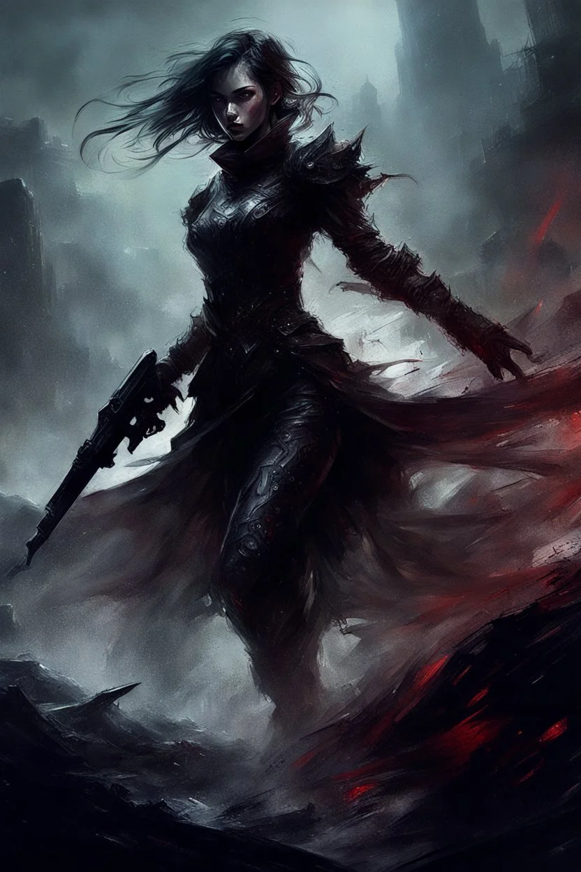 Dark fantasy world, girl, battle, mist, battlefield, Lovecraft's Monster in the background, dark colors, by Raymond Swanland & Alyssa Monks & Anna Razumovskaya & Benedick Bana