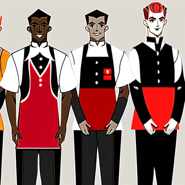 Three black waiters with red and black uniforms in hall