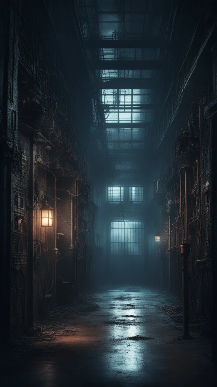 Si-Fi, Dr. Moreau Prison, atmospheric lighting effects, intricate industrial details, moody atmosphere, eerie grimdark ambiance, complex motherboard accents, speculative fiction art. Bokeh