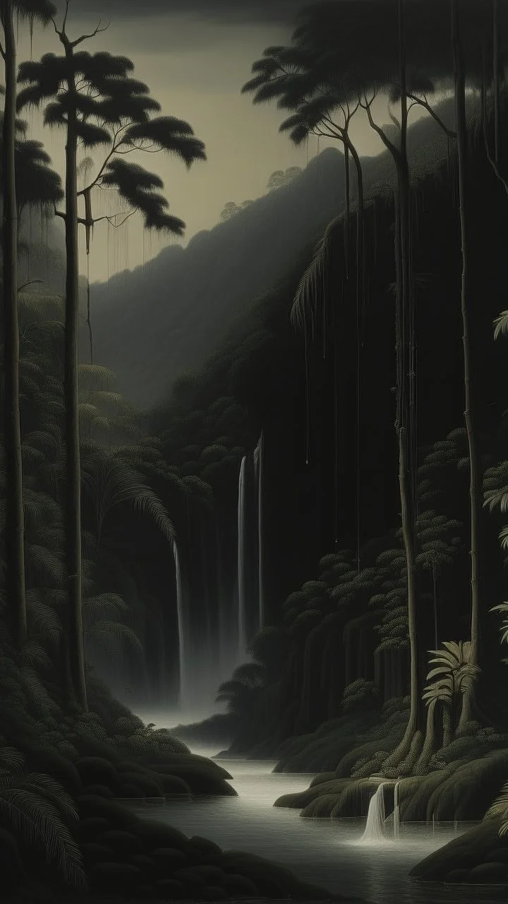 A black jungle with waterfalls painted by Caspar David Friedrich