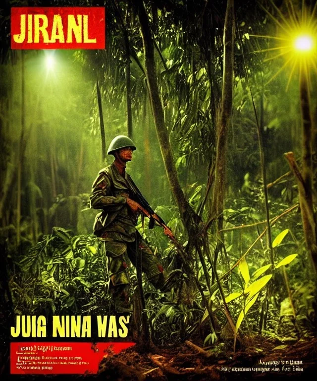 vietnam war. jungle. cd cover. bokeh. lens flare. warm lights. high detailed