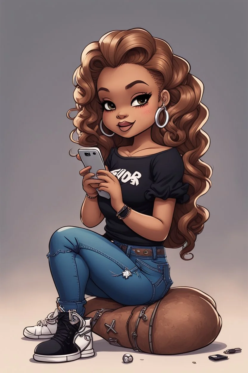Create a pop punk image of a black chibi curvy female sitting on the floor looking at her cell phone. She is wearing tight blue jeans and a black off the shoulder blouse. Prominent make up with lush lashes. Highly detailed wavy ombre blonde and brown long hair. She is also wearing silver large hoop earrings