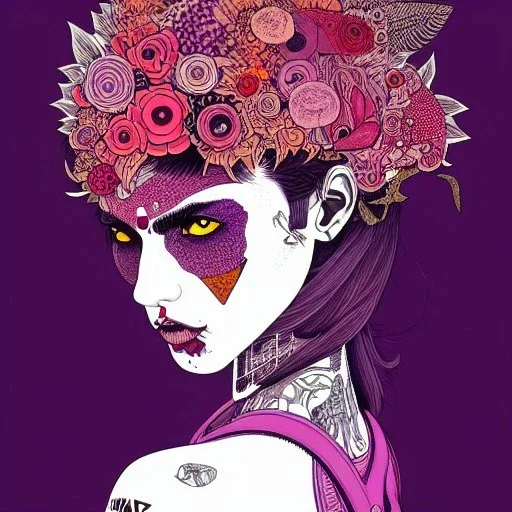 beautiful punk girl, hyper detailed, hyperdetailed, intricately detailed, illustration by <asaf hanuka>, purple tones, darkred tones,