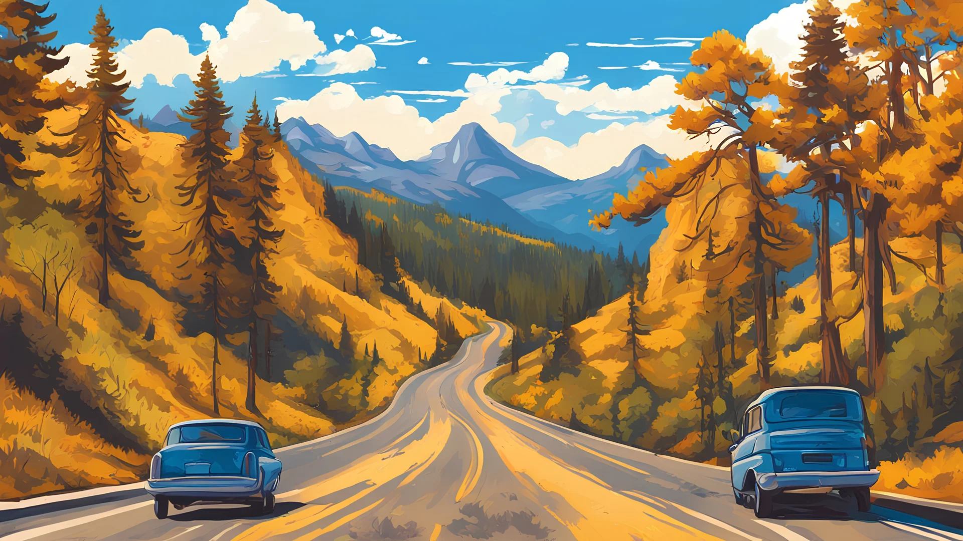 create three banners, the subject is road trips on historical roads in california's gold country, vivid colors, illustrations, scenic vistas, blue sky, detailed