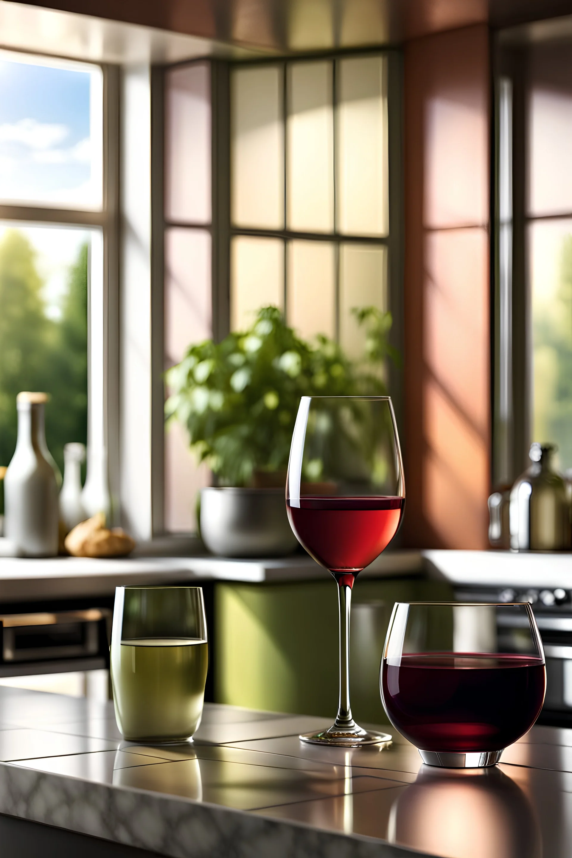 photorealistic glass of wine on kitchen counter , tiled wall in background