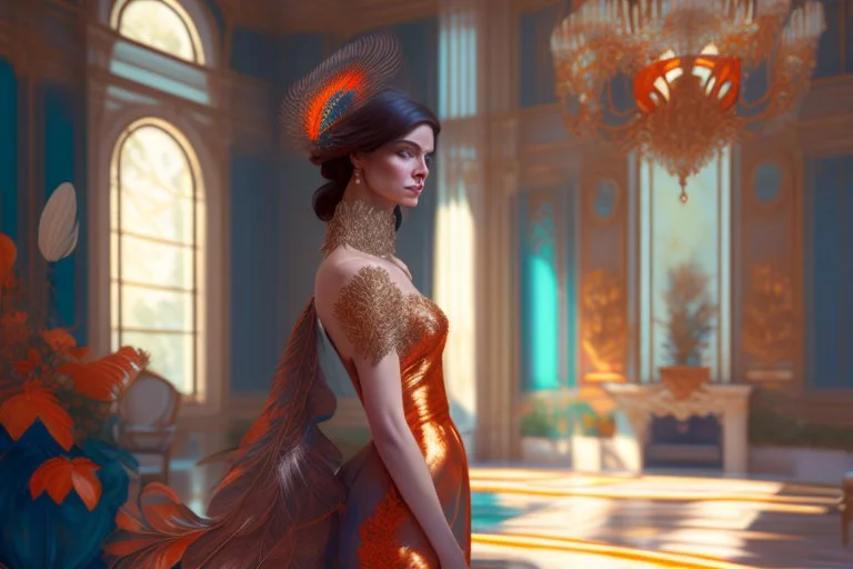 brunette woman standing in an elegant living room in a beautiful peacock feather dress in sunshine Weight:1 8k resolution concept art by Greg Rutkowski dynamic lighting hyperdetailed intricately detailed Splash art trending on Artstation triadic colors Unreal Engine 5 volumetric lighting Alphonse Mucha WLOP Jordan Grimmer orange and teal Weight:0.9