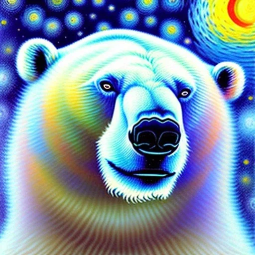 Dibujo al oleo de un oso polar con nubes de colores estilo Vincent van Gogh