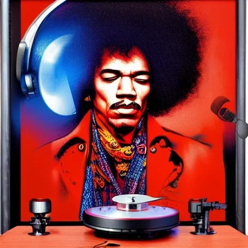 a realistic portrait of Jimi Hendrix at a turntable with headphones on being a DJ, vivid color