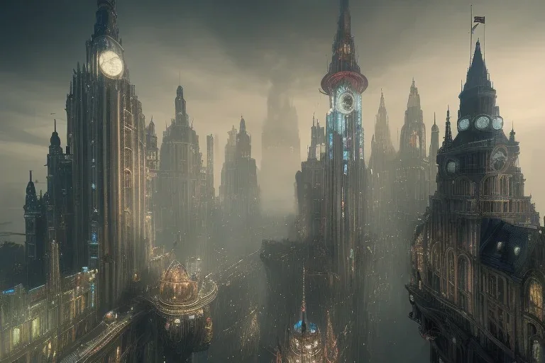 Bruge+Gothic city+ BioShock+Dishonored+Bloodborne +trieste+Edinburgh+Chicago+victorian London+decòpunk Skyscraper+ +steampunk+biopunk+alphonse mucha, greg rutkowski, matte painting, cryengine, hyper detailed, felix kelly, fantasy art, seb mckinnon