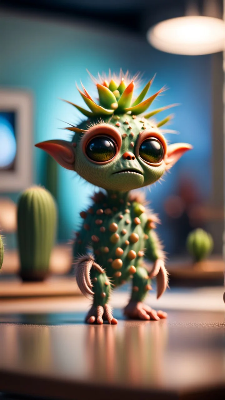 cactus alien gremlin in art gallery,bokeh like f/0.8, tilt-shift lens 8k, high detail, smooth render, down-light, unreal engine, prize winning