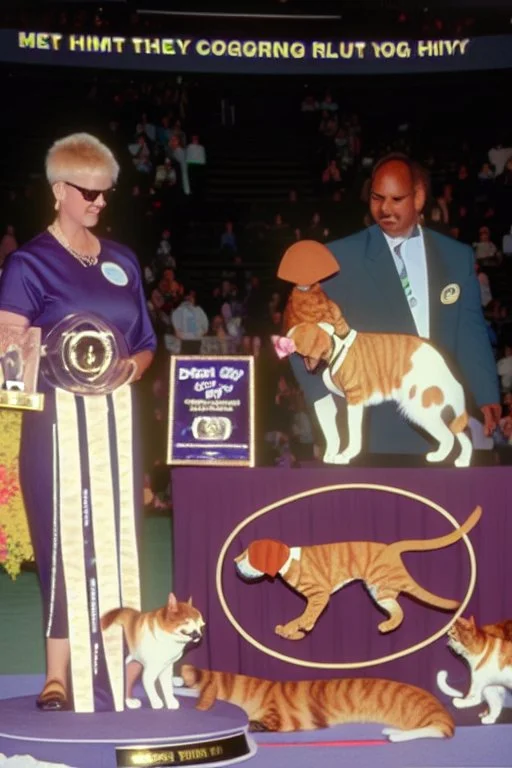 1990 dog show realistic (film Color Mission 200::10) photo from old disposable camera with a cat body rabit head winning first prize, grainy photo