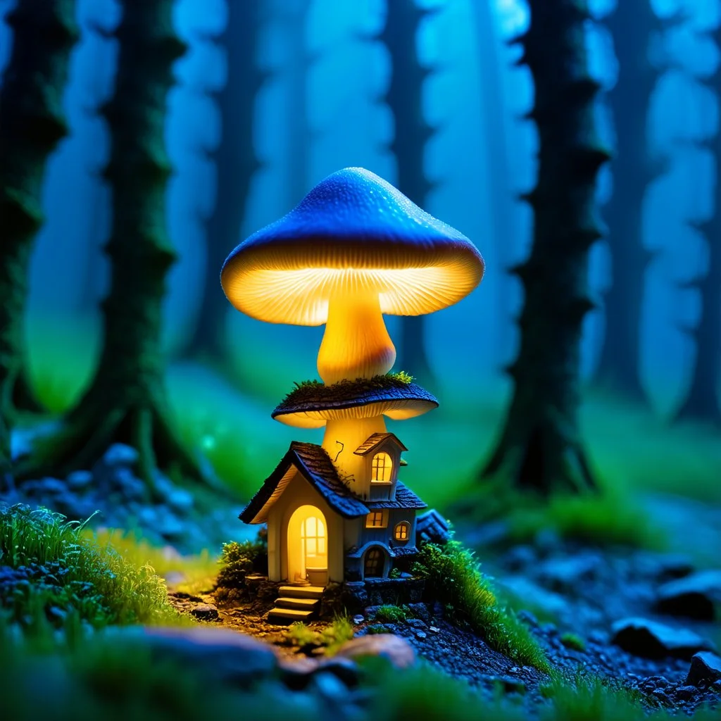 "Close up of a wonderful tiny Mushroom Tower home. blue and yellowwith bright white, deep black and contrasting tones of gray. Illuminated bioluminescent forest. Professional painter, master at composition. small but detailed. broken, blurred background, voluminous lighting"