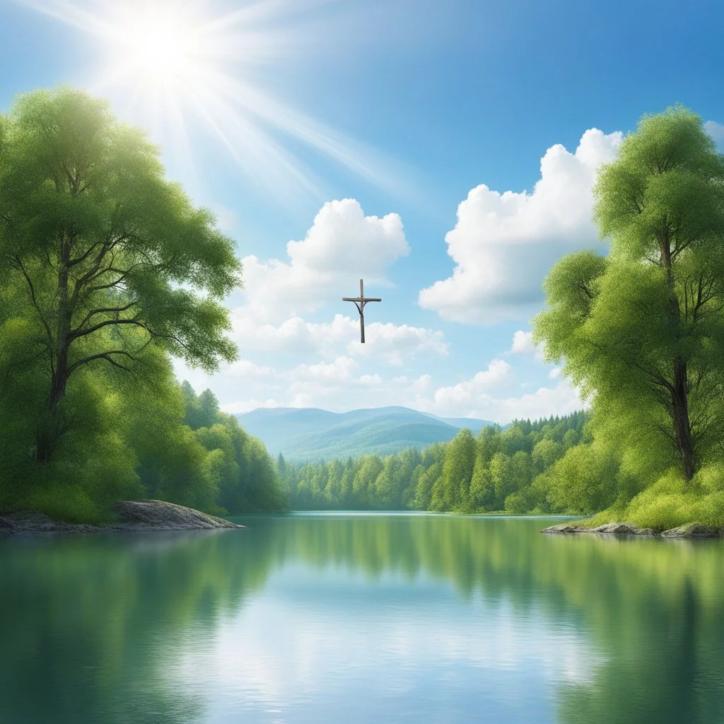 Jesus on his cross in a A peaceful landscape with a calm river or lake reflecting the blue sky and scattered white clouds, surrounded by lush green forest on both sides. The scene is natural, untouched, and serene. Daytime setting with soft, natural lighting and clear weather