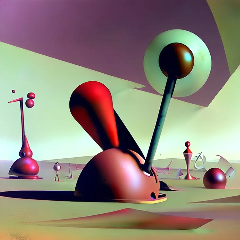 Odd spindle-shaped objects scattered over an arid wasteland in Yves Tanguy style