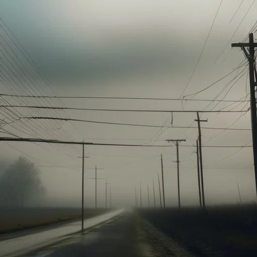 An empty road on a misty day. Telegraph poles and wires. Muted tones. Tilted high horizon. With blotches, blurry areas and lens noise and grain. Photo 4k