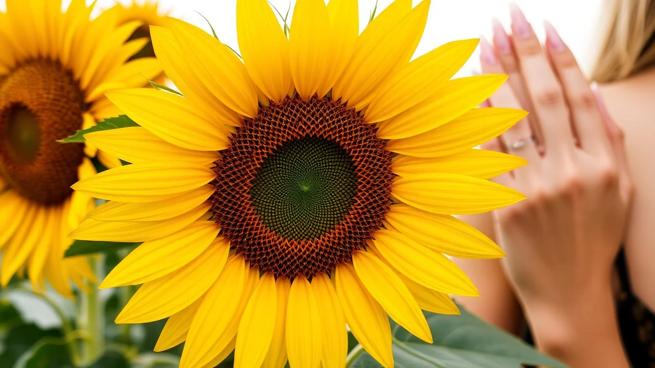 The image shows a large yellow sunflower in the foreground, with its petals spread out and its center detailed. Behind the main sunflower, there is another partially visible sunflower. On the right of the image, you can see a raised hand with long, manicured nails, and part of a woman's shoulder and hair. The combination of natural elements, such as sunflowers, and humans, such as the hand and hair, creates an attractive visual contrast.