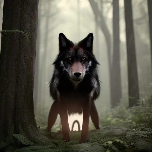 in Forest under vampire award winning portrait of a maleunreal 5, octane render, cinema4d, dynamic lighting, dramatic lighting, 4k, redshift render, highly detailed, hyper realistic,anthropomorphic black wolf long