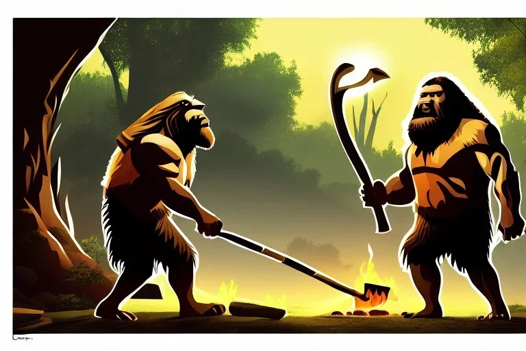 conceptual art, caveman holding a club, cave, cave bear, campfire, stone age, dawn, trending on artstation, fine detail, high quality,