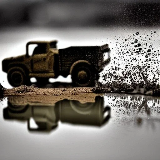 photorealistic shot, muddy military toy truck, monotone color palette, sharp focus, puddle reflection, tire water splash, refraction, mist on the horizon, shadowcast, detailed and intricate, cinematic composition, micro, tilt shift photography