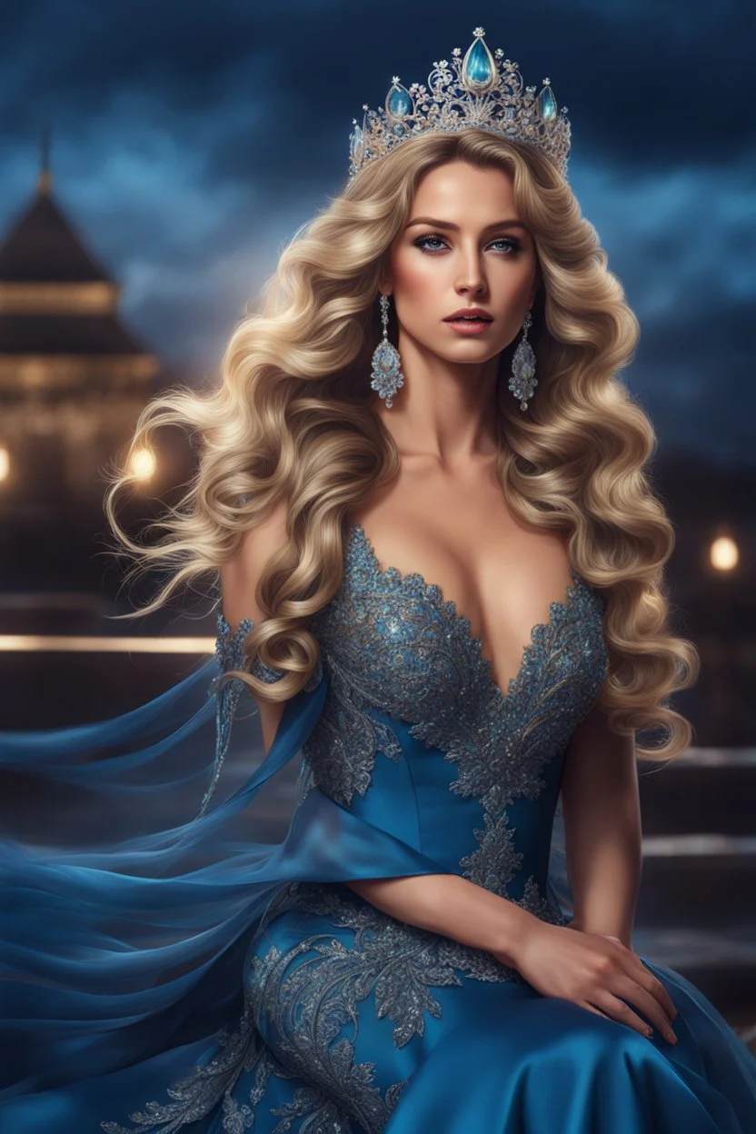 a woman with long hair wearing a blue dress, ultra realistic fantasy tiara, hair texture, style of aenami alena, hair jewellery, expensive voluminous dress, cover magazine, blond brown long hair, liberty curls