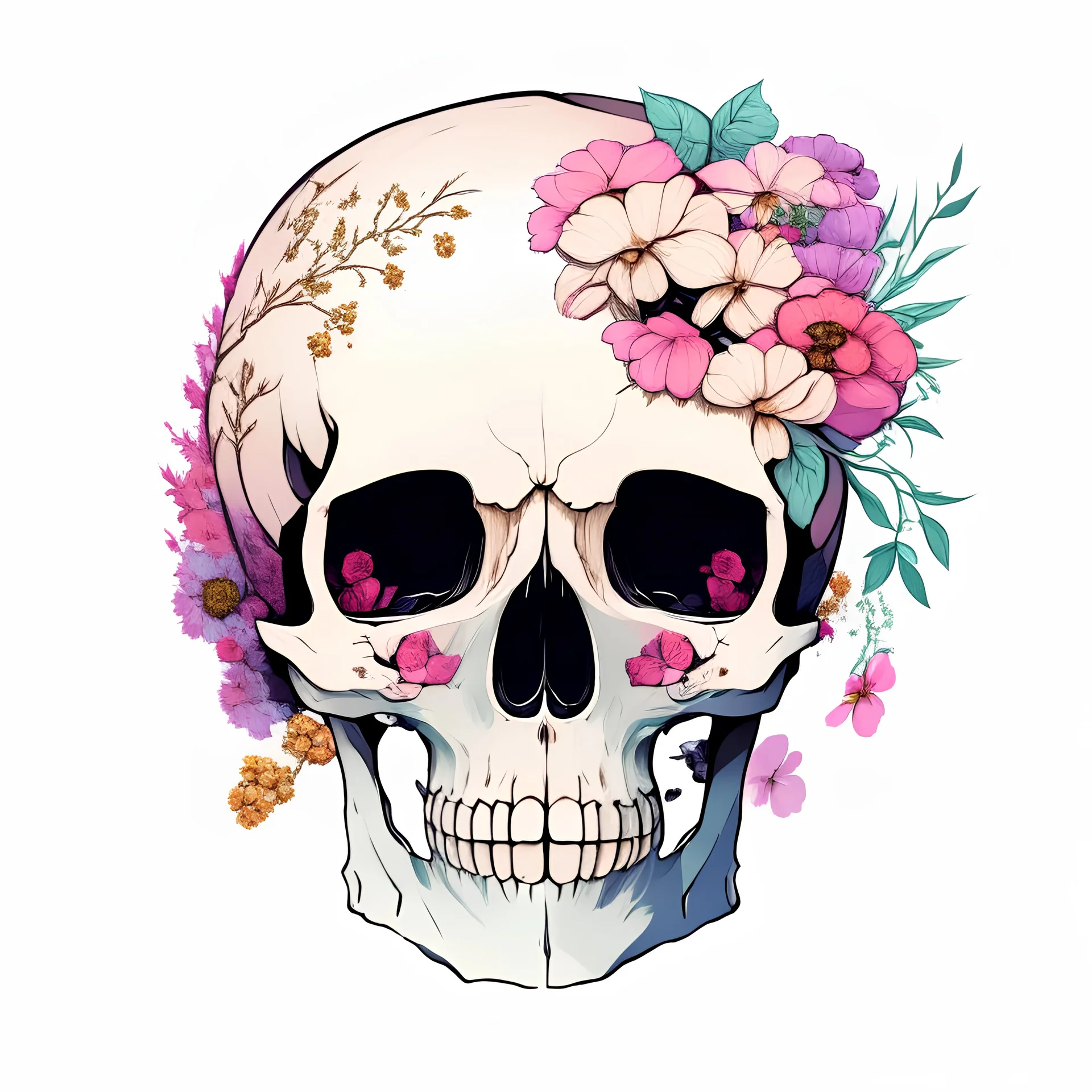 a human skull with flowers around and between its bones, no background color, anime style, front view, semi realistic