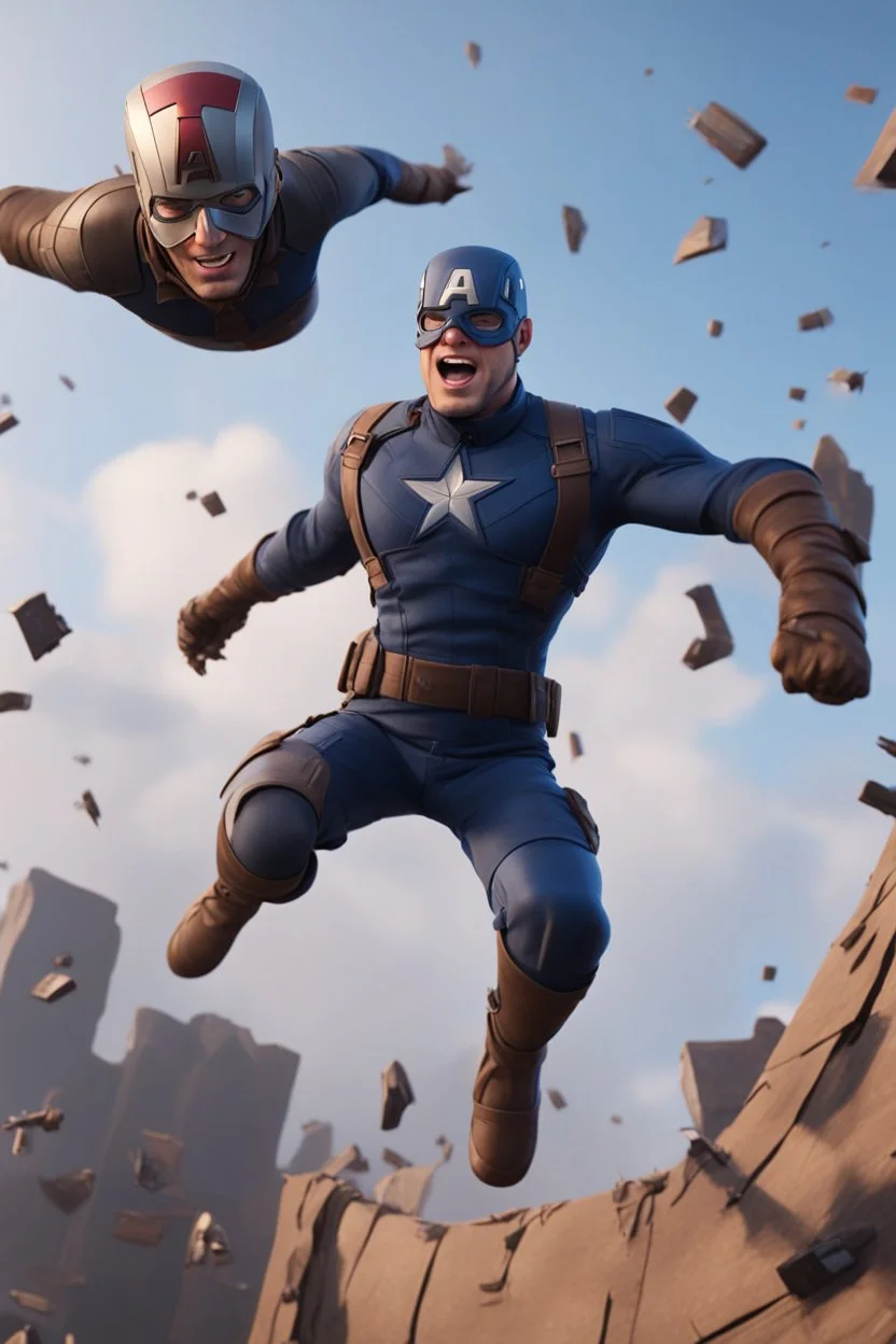 Create a picture of captain america falling from the skye to a pit animated like fortnitr