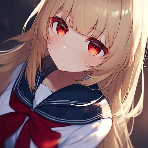 Clear focus,High resolution, Blonde long fluffy hair, long bangs, and red eyes, Depressed girl, wearing a sailor uniform, frowning, red bow, Extreme Close up