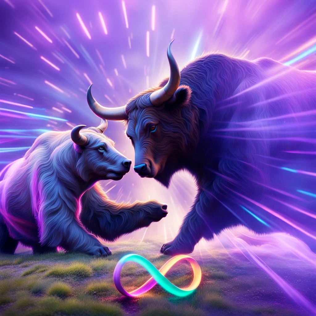 brightly coloured 3D infinity symbol ∞, bull with horns on right fighting with a bear on left, bull is winning, DSLR with a 80mm lens f/16 and a slow shutter speed of 1/15s, realistic photograph, striking, neon, vibrant, chiaroscuro, dramatic, captivating, high-tech, powerful, fantasy, beautiful, octane render, 16k post-production, award-winning photo: atmospheric: commanding: clarity: ultra quality: striking: brilliance: stunning colors: amazing depth