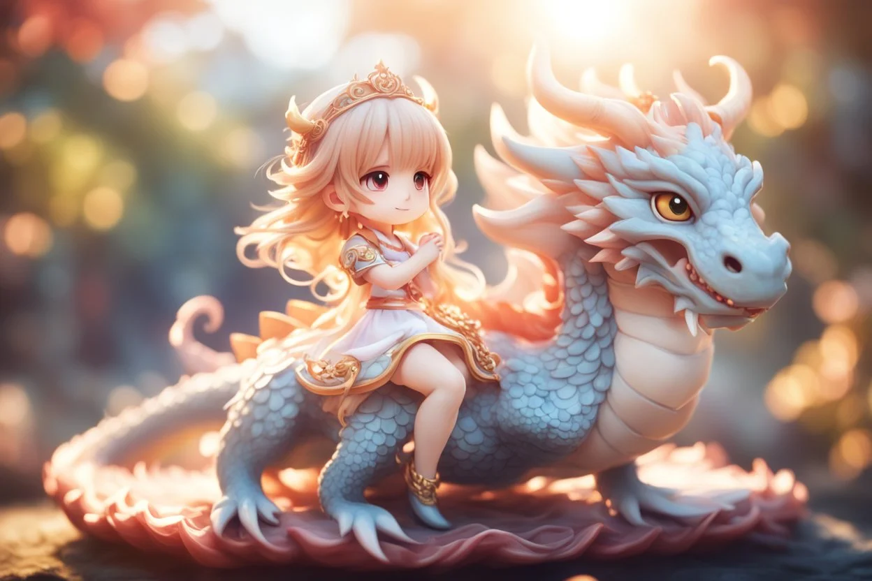 a cute anime chibi princess sitting on a wild chinese dragon and dynamically riding it in sunshine, ethereal, otherwordly, cinematic postprocessing, bokeh, dof