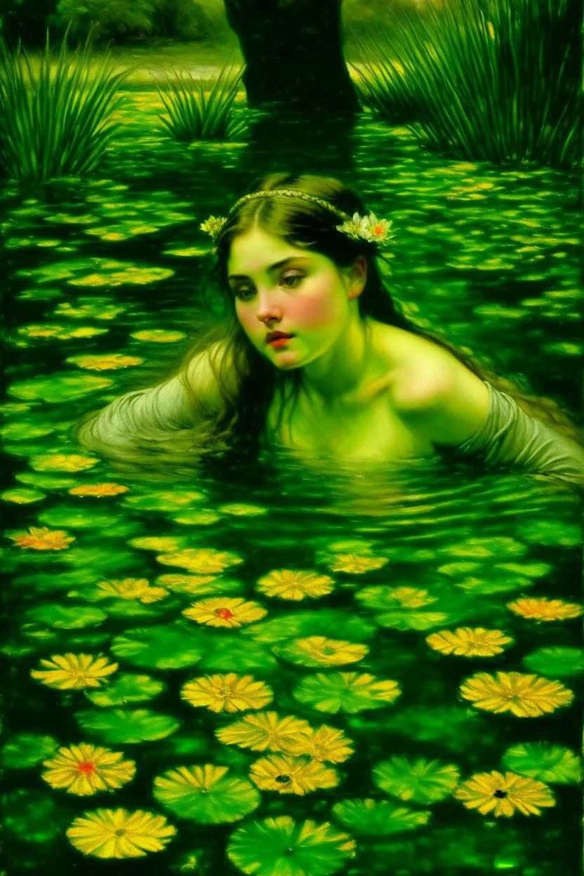 a beautiful woman in clear water, pond of lily, by John William Waterhouse and Jason Chan, Johannes Voss