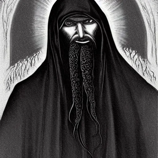 Russian Orthodox nosferatu long beard made of tentacles with long arms and a robe made a human faces