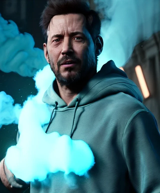 Realistic image, waist up view, a guy making the fuck off gesture with his hand, blue smoke coming out of his nose and mouth, happy. Latex cloth, inflatable hoodie, soft color, highly detailed, unreal engine 5, ray tracing, RTX, lumen lighting, ultra detail, volumetric lighting, 3d, finely drawn, high definition, high resolution.