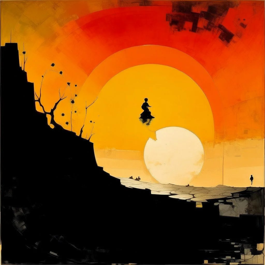 black hole sunset, by VS Gaitonde, abstract art, by Wassily Kandinsky, silhouette of woman falling off cliff