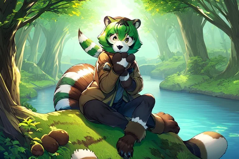 Girl, green hair, raccoon tail, raccoon paws in hand, raccoon paws in foot, forest, river, sit on tree, coat on neck, with tongue out, big tail, furry