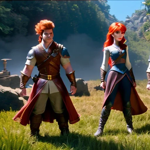 Three redheads, fighting guards, highly detailed, professional lighting, dynamic lighting, HDR, action sequence