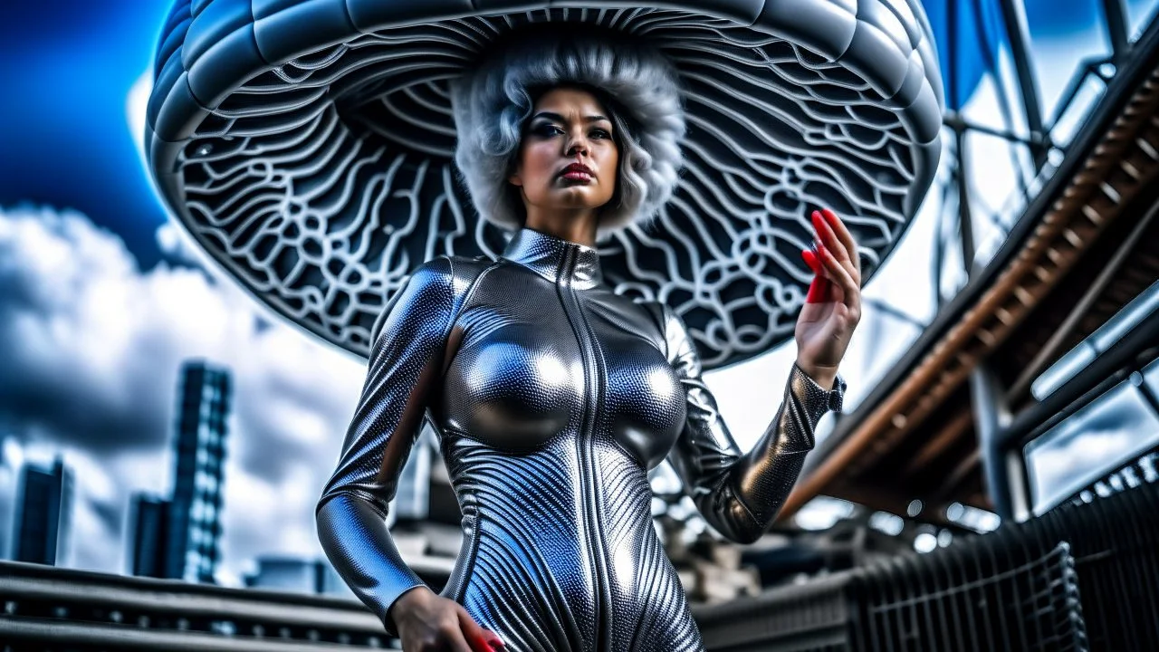 woman in a silver catsuit with circuitry, standing in a futuristic alien city holding a parasol shaped like a mushroom with tentacles