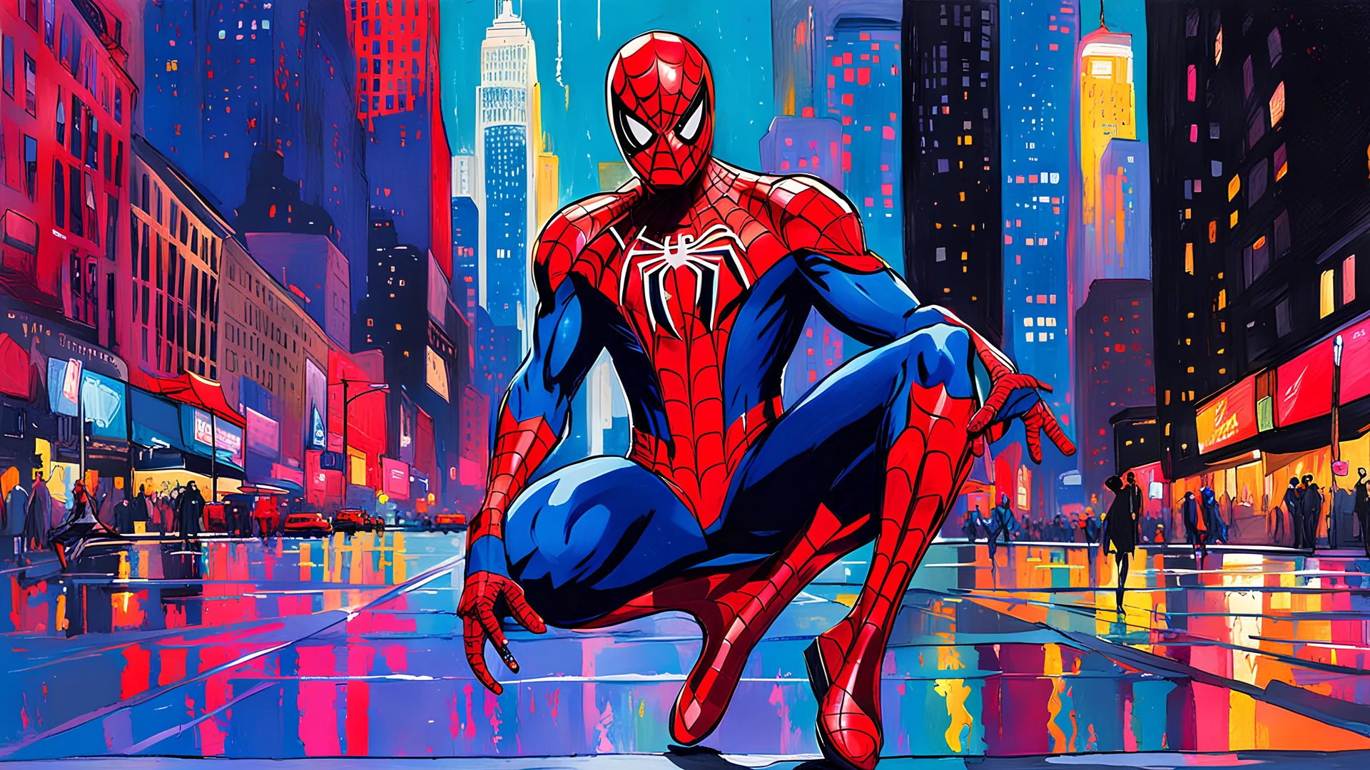 [SPIDER_MAN] performs [THE DOUGIE], gouache ink line sketch blending with Fauvism style, splash art elements with drips and drops, figure adorned in [SHIMMERING DRESS], balancing on [ SPARKLING HEELS), set against [NEW YORK] background, anime influence with hyper-realistic touch and low saturation resembling a movie scene, UHD 16k resolution, exquisite workmanship, cinematic masterpiece.