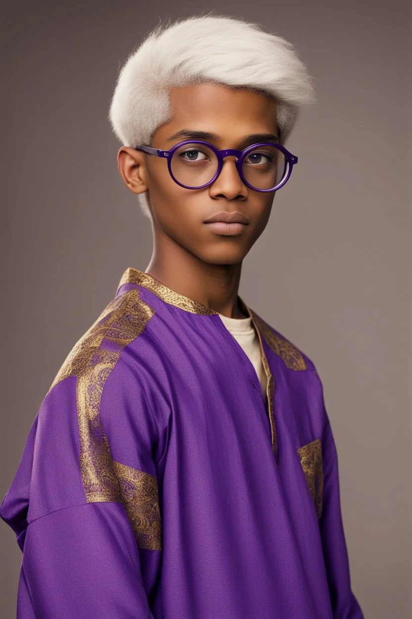 A sixteen-year-old boy, mulatto, white straight hair and blue eyes, with round glases, dressed in a purple and gold tunic.