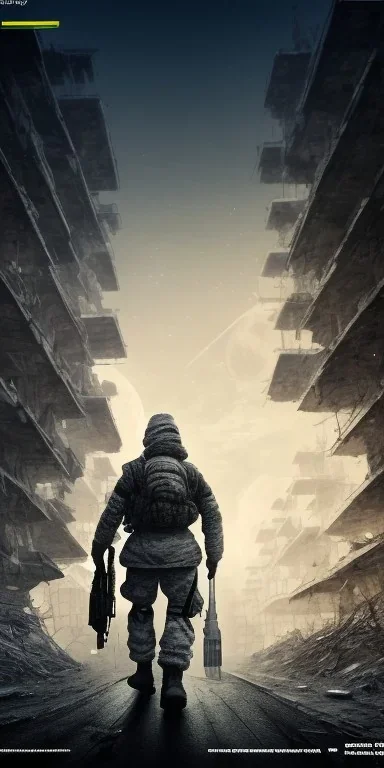 A high tech Soldier walking on the post apocalypse city, night , full moon , realistic , high resolution , HD , 1920pX1080p , dark