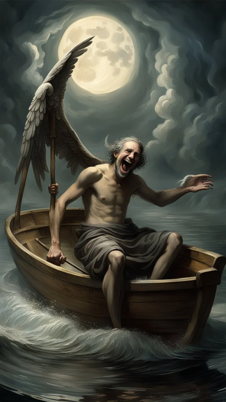 Charon in his boat wearing laughing angel