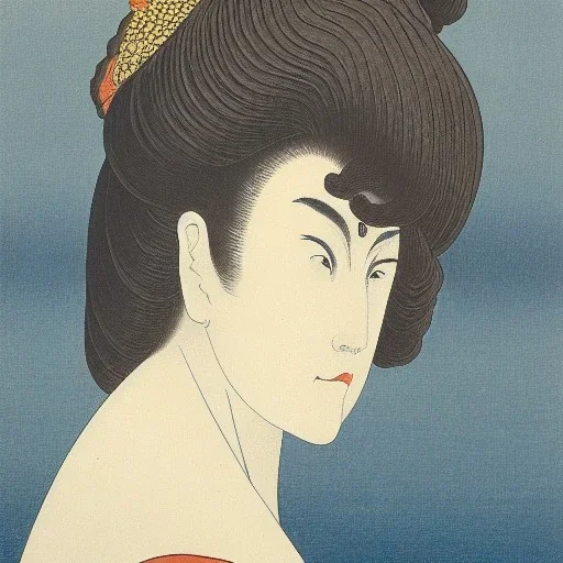 portrait of a woman with sparkling brown eyes and dark hair in the style of Katsushika Hokusai and René Magritte