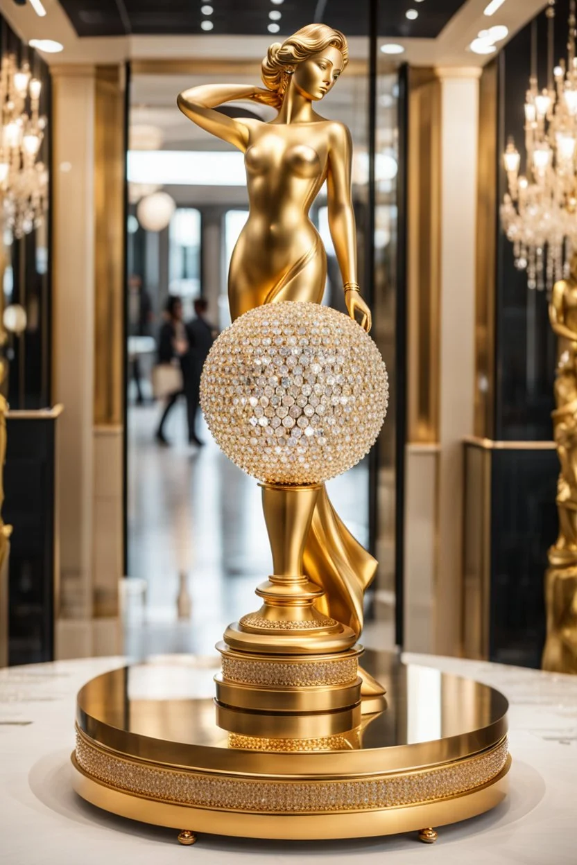 A magnificent cristal and gold heart-shaped sign adorned with a stunning berliant sphere encrusted with sparkling diamond clusters at its center, elegantly spinning in position,a golden statue of a girl in standing pose