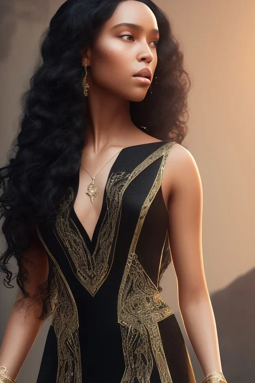 A portrait of a beautiful curvaceous black woman with long black hair, wearing a black dress with a deep v neck, wizard, magical, ethereal, intricate, realistic lighting. Concept art by wlop. Ultra quality 8k. Ultra Realistic