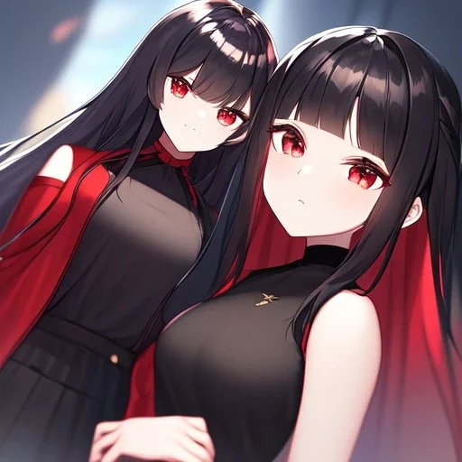 Clear focus,High resolution, black long hair, Vibrant red eyes, Emo style, Black skirt, wearing a black shirt sleeveless, Wearing black and red cutsleeves