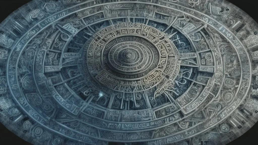 Ancient wheel of knowledge; hieroglyphics, symbolism, dystopian, elegant, fantastical, intricate, hyperdetailed, holographic, magnificent, meticulous, mysterious, ominous