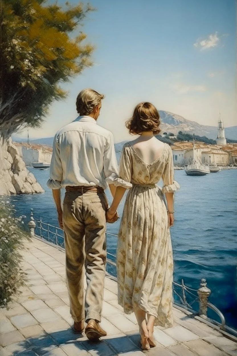 Neoclassicism man and woman holding hands looking at there childeren cote d'azur painting from the back