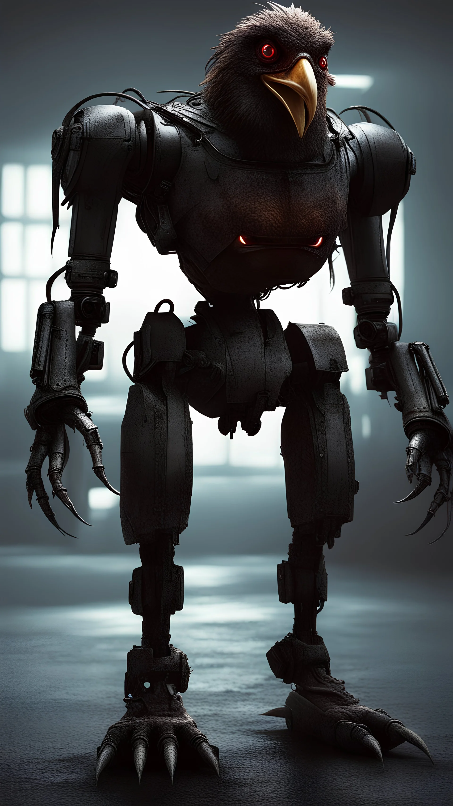 chicken monster robot with eerie lighting and a haunting atmosphere , photo / ultra realistic cinematic