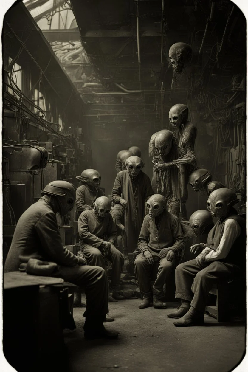 1805's black and white vintage photo, interior, working ((alien))::10 organ manufacturing factory steampunk warehouse, unhappy and angry,stange long grey alien (human hybrid) creature with a family that is super sad and are scary, disturbing anxiety, captured on square format film, grainy brown, aged, young men, depressed, tired, in their flight jacket and holocaust era